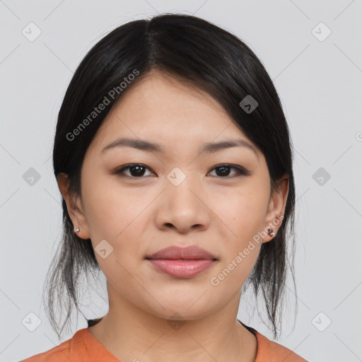 Joyful asian young-adult female with medium  black hair and brown eyes