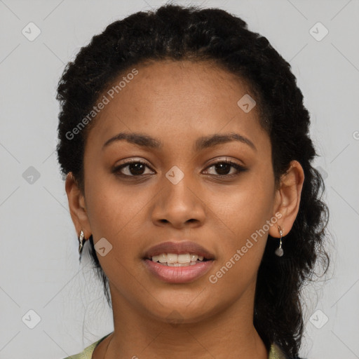 Joyful latino young-adult female with short  black hair and brown eyes