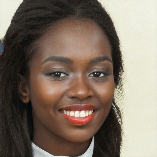 Joyful black young-adult female with long  brown hair and brown eyes