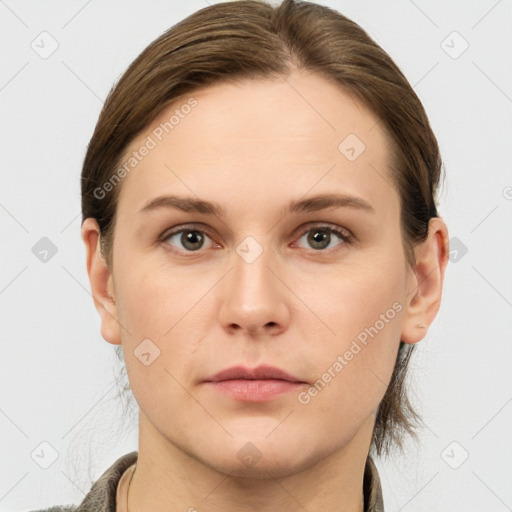 Neutral white young-adult female with medium  brown hair and grey eyes