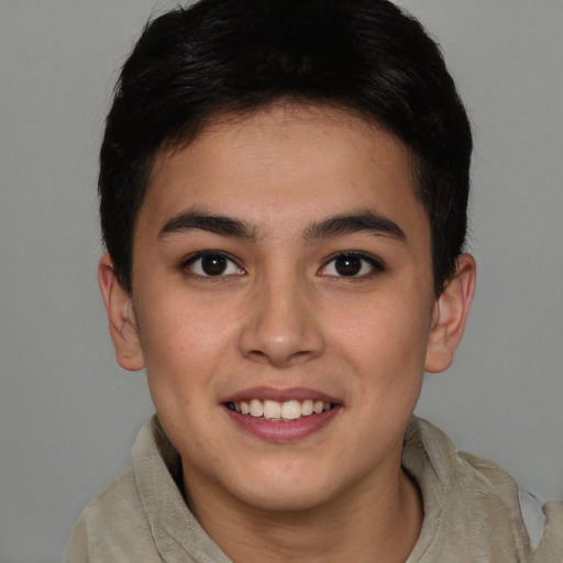 Joyful latino young-adult male with short  brown hair and brown eyes
