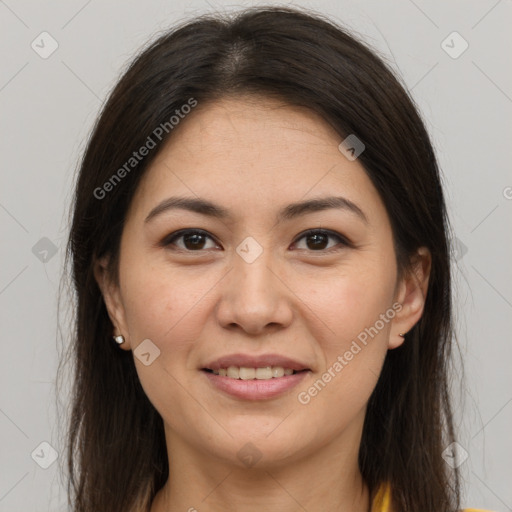 Joyful white young-adult female with long  brown hair and brown eyes