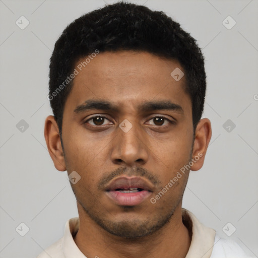 Neutral latino young-adult male with short  black hair and brown eyes