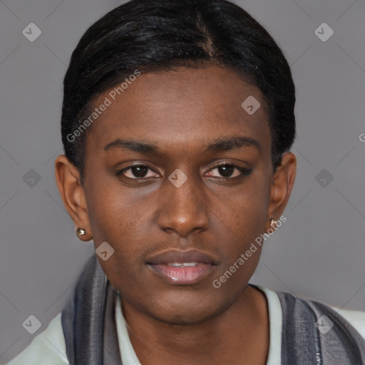 Neutral black young-adult male with short  black hair and brown eyes
