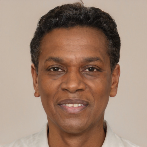 Joyful black adult male with short  black hair and brown eyes