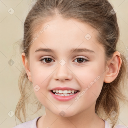 Joyful white child female with medium  brown hair and brown eyes