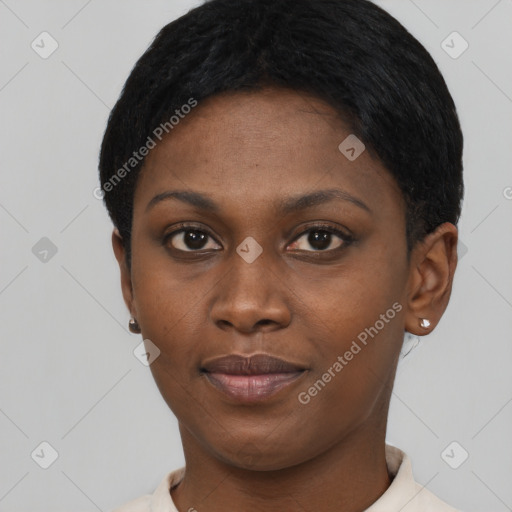 Neutral black young-adult female with short  black hair and brown eyes