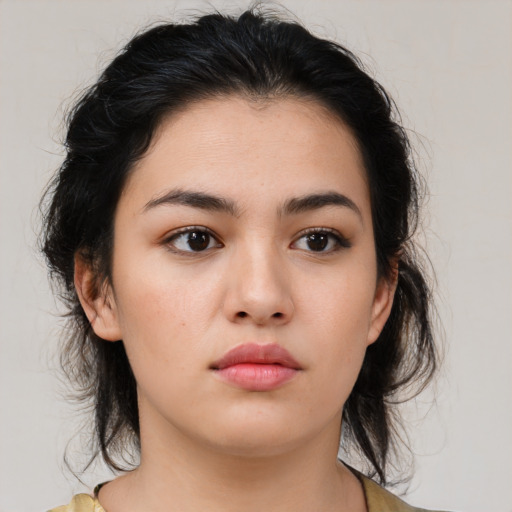 Neutral asian young-adult female with medium  brown hair and brown eyes