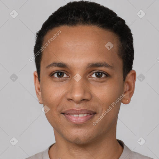 Joyful black young-adult male with short  brown hair and brown eyes