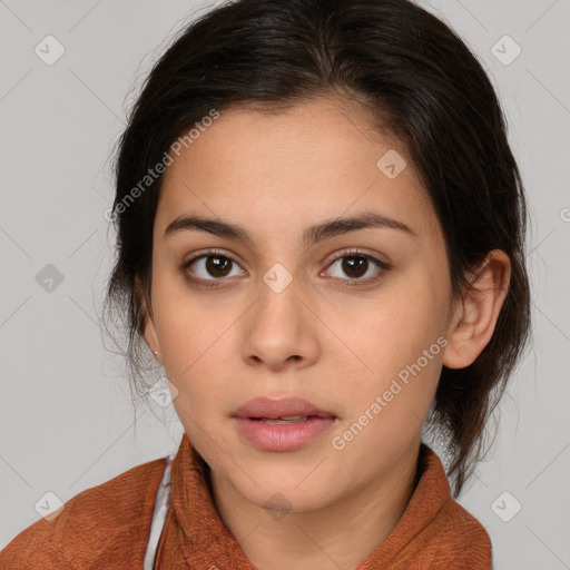 Neutral white young-adult female with medium  brown hair and brown eyes