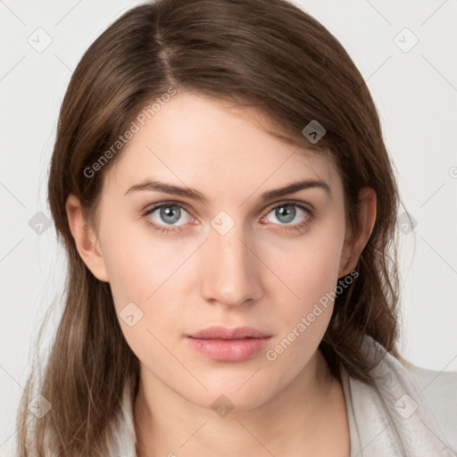 Neutral white young-adult female with medium  brown hair and grey eyes