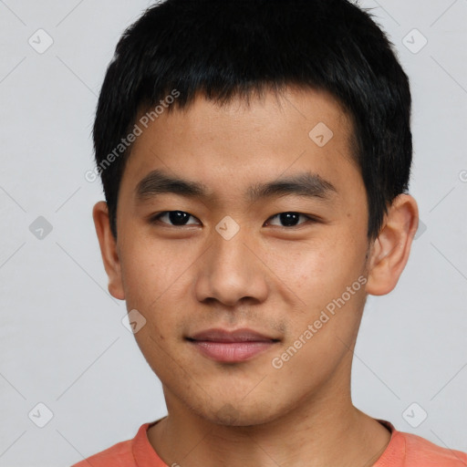 Neutral asian young-adult male with short  black hair and brown eyes