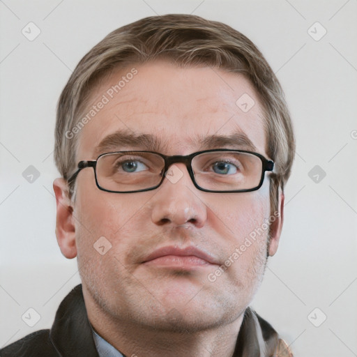 Neutral white adult male with short  brown hair and blue eyes