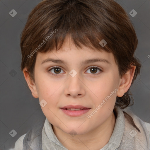 Joyful white child female with medium  brown hair and brown eyes