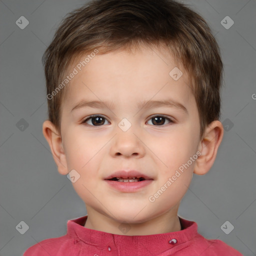 Joyful white child male with short  brown hair and brown eyes