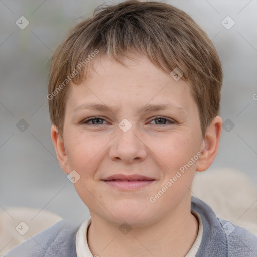 Joyful white child male with short  brown hair and brown eyes