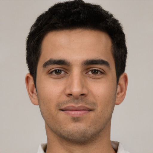 Neutral latino young-adult male with short  brown hair and brown eyes