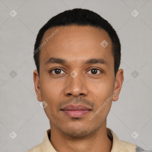 Neutral latino young-adult male with short  black hair and brown eyes