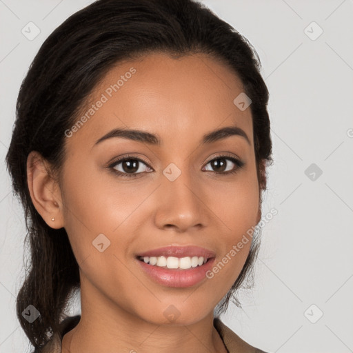 Joyful white young-adult female with long  brown hair and brown eyes