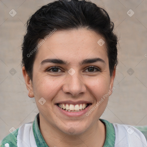 Joyful white young-adult female with short  brown hair and brown eyes