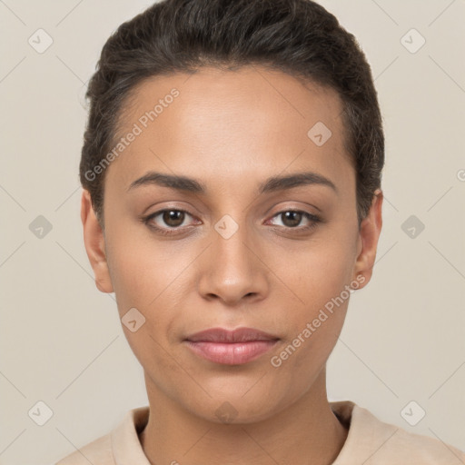 Joyful white young-adult female with short  brown hair and brown eyes