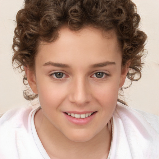 Joyful white child female with short  brown hair and brown eyes