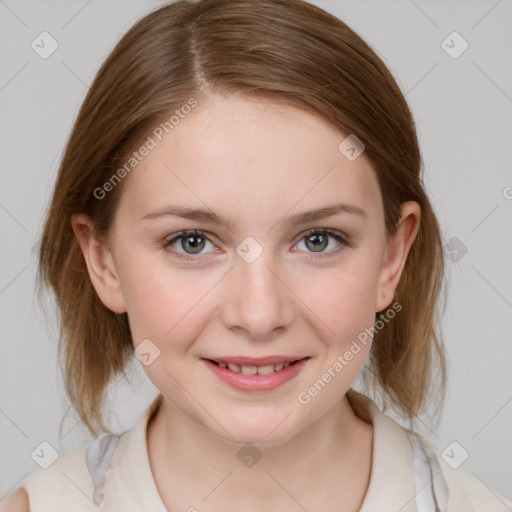 Joyful white young-adult female with medium  brown hair and blue eyes