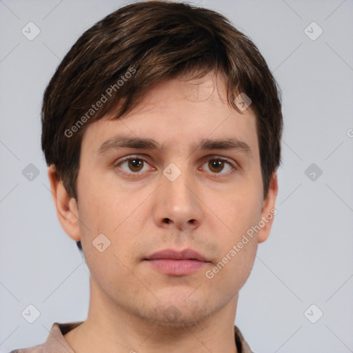 Neutral white young-adult male with short  brown hair and brown eyes