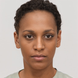 Neutral black young-adult female with short  brown hair and brown eyes