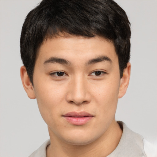 Neutral asian young-adult male with short  brown hair and brown eyes