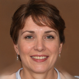 Joyful white adult female with medium  brown hair and brown eyes