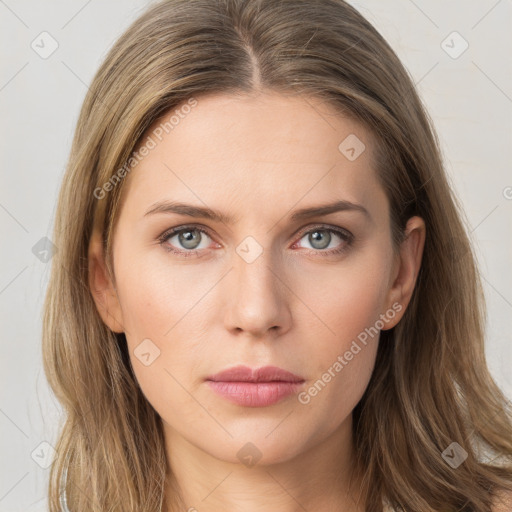 Neutral white young-adult female with long  brown hair and grey eyes