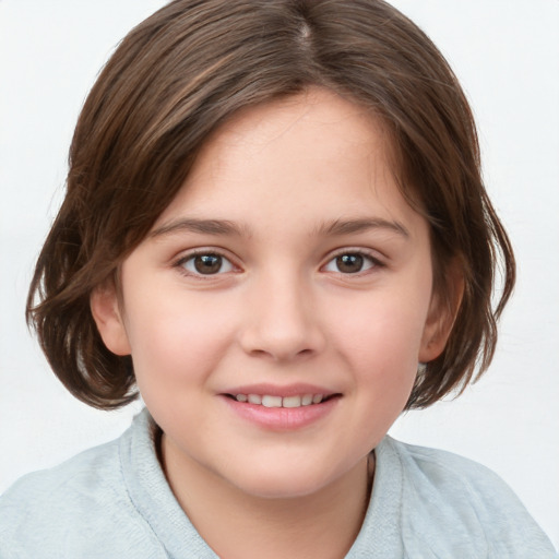 Joyful white child female with medium  brown hair and brown eyes