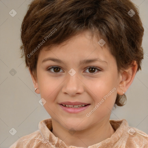 Joyful white child female with medium  brown hair and brown eyes