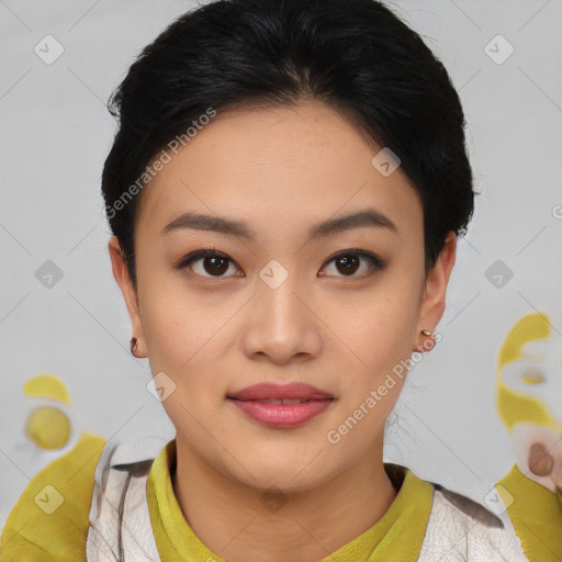 Joyful asian young-adult female with medium  black hair and brown eyes