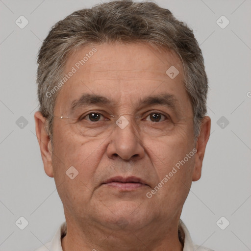 Neutral white middle-aged male with short  brown hair and brown eyes