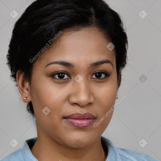 Joyful latino young-adult female with short  brown hair and brown eyes