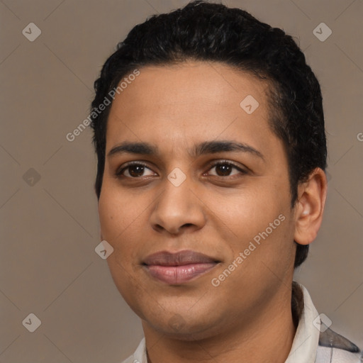 Joyful latino young-adult female with short  black hair and brown eyes