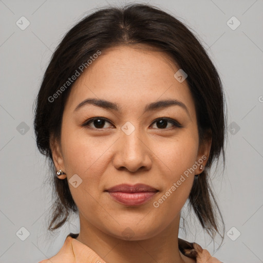 Joyful asian young-adult female with medium  brown hair and brown eyes