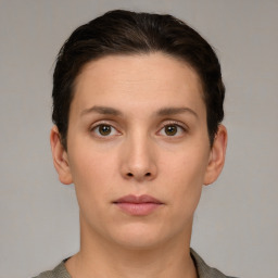 Neutral white young-adult female with short  brown hair and brown eyes