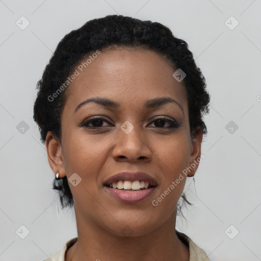 Joyful latino young-adult female with short  black hair and brown eyes