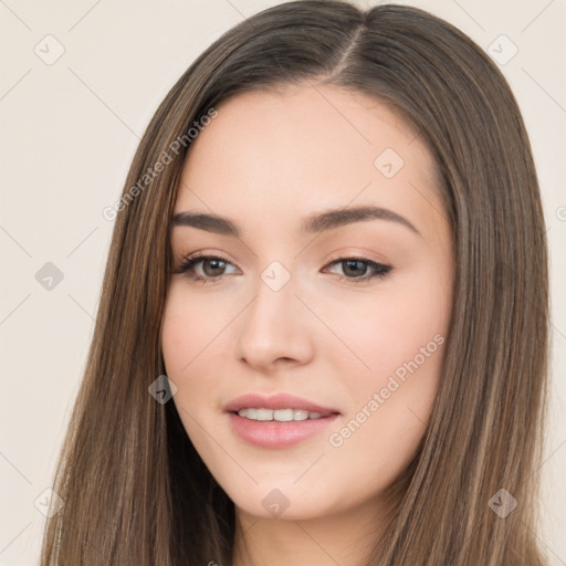 Neutral white young-adult female with long  brown hair and brown eyes