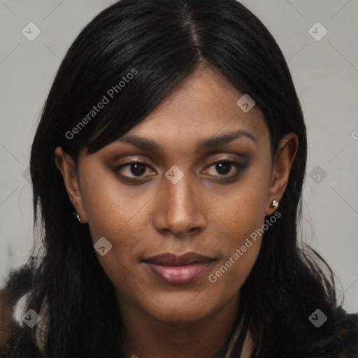Joyful asian young-adult female with long  black hair and brown eyes