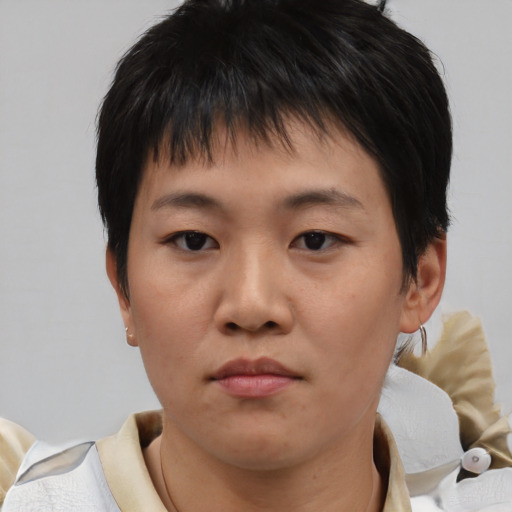 Neutral asian young-adult female with short  brown hair and brown eyes