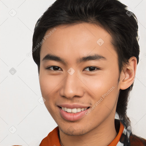 Joyful latino young-adult male with short  brown hair and brown eyes