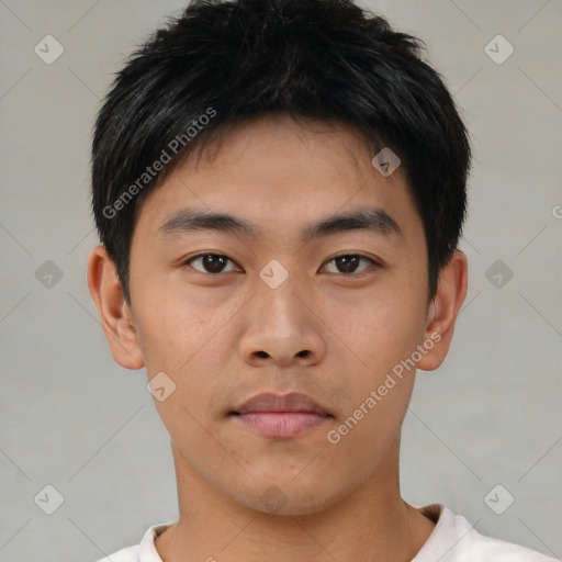 Neutral asian young-adult male with short  brown hair and brown eyes