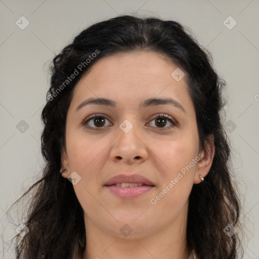 Joyful latino young-adult female with long  brown hair and brown eyes