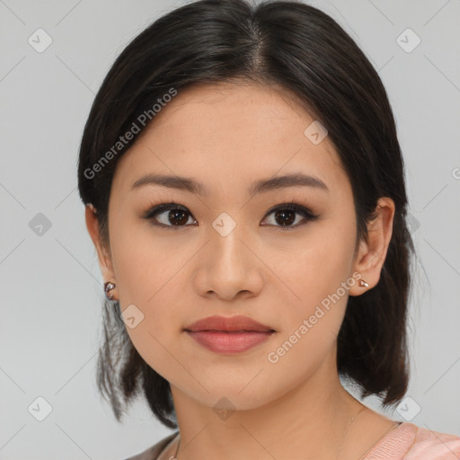 Joyful white young-adult female with medium  brown hair and brown eyes