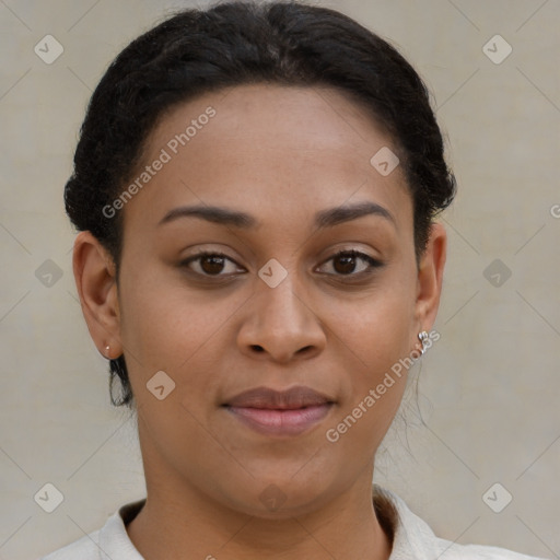 Joyful latino young-adult female with short  brown hair and brown eyes