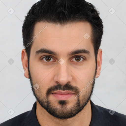 Neutral white young-adult male with short  black hair and brown eyes